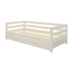 FLEXA single bed with pull-out, CLASSIC collection, white wood, side rails for safety, on white background.
