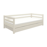 FLEXA single white bed with pull-out guest bed, wood, shown in a plain room setting. Child-safe rounded corners visible.
