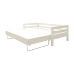 FLEXA single white wooden bed with pull-out guest bed, both extended; child-safe edges, suitable for kids’ bedroom.