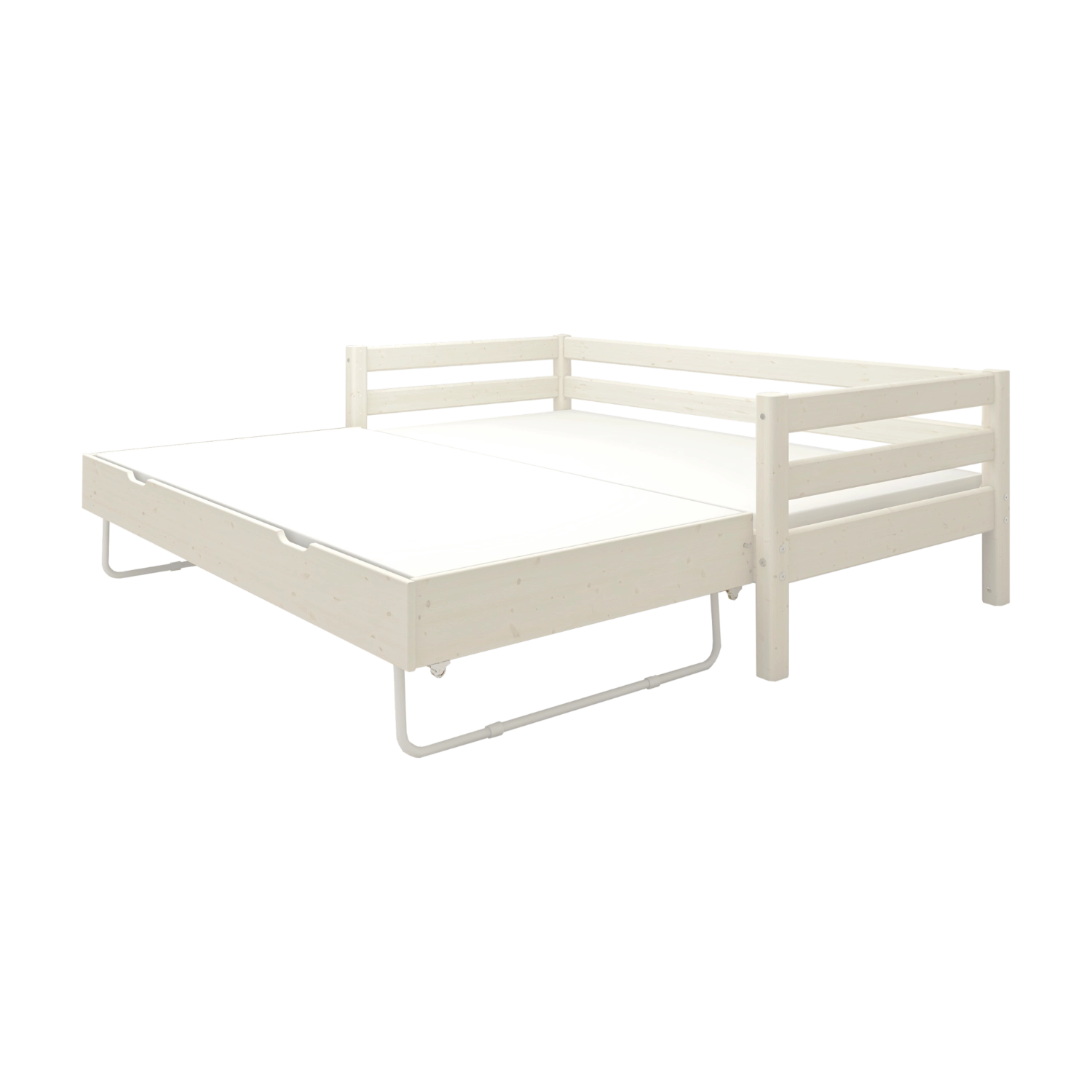 FLEXA single white wooden bed with pull-out guest bed, both extended; child-safe edges, suitable for kids’ bedroom.