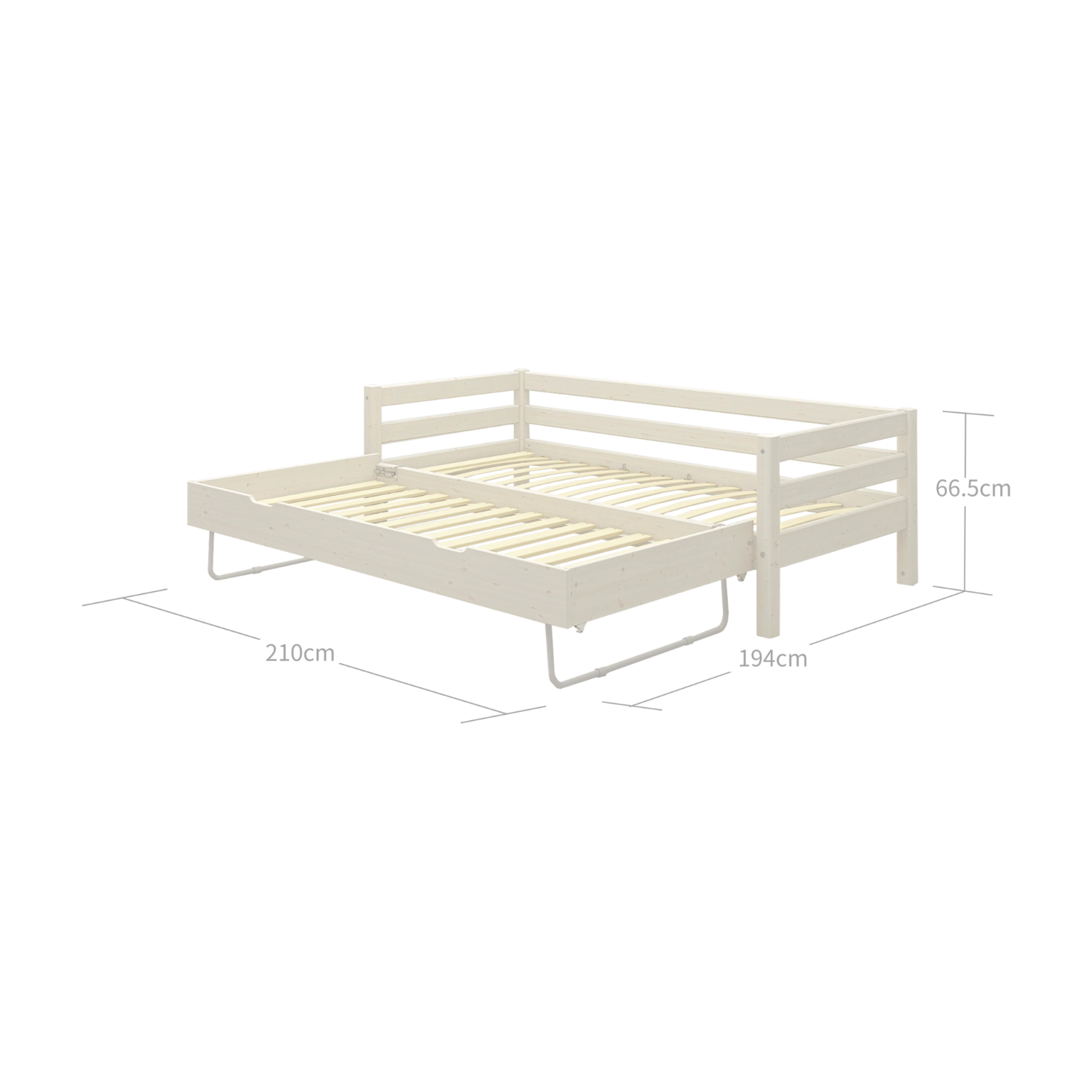 FLEXA single bed and pull-out guest bed, white wood, CLASSIC collection, shown in a child’s bedroom with safe rounded edges.