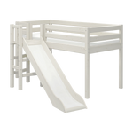 FLEXA WHITE loft bed with slide, safety rail, left ladder; child-safe design in kids’ room from CLASSIC collection.