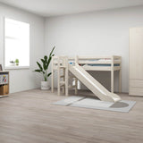 FLEXA high bed with slide and safety rail, white finish, in a child’s room with wardrobe and bookshelf on wood flooring.