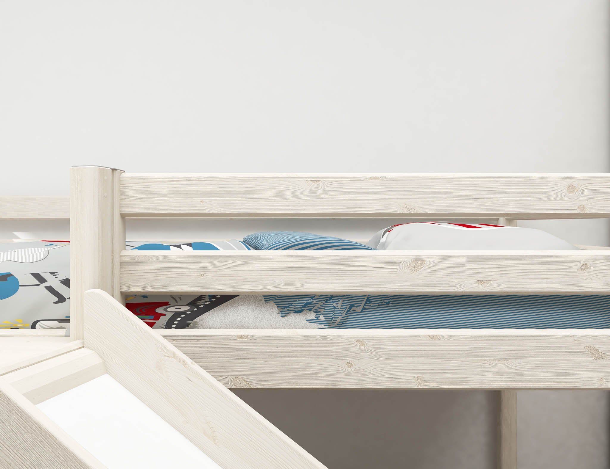 FLEXA WHITE high bed with slide and safety rail, 90x200 cm, in a child’s room; safe design with playful bedding.