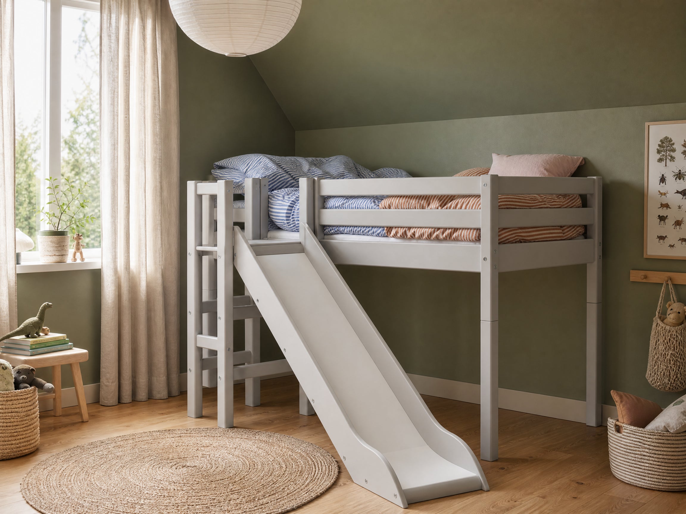 Cama alta FLEXA de la colección CLASSIC en color gris, con tobogán y barandilla de seguridad, en una habitación infantil verde.