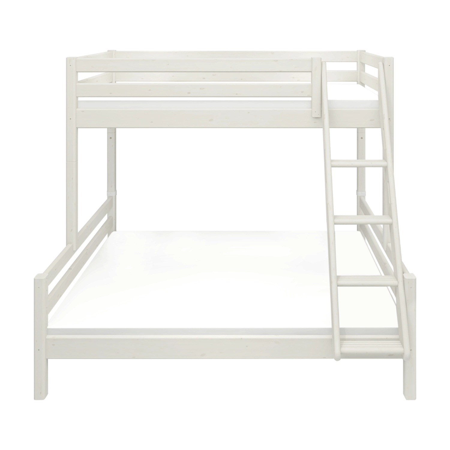 FLEXA FAMILY white bunk bed with ladder and safety rail, wooden frame, shown in a children’s bedroom.