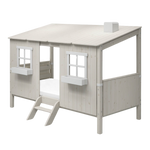 Estructura de casa FLEXA WHITE para camas individuales y camas altas con dos ventanas, escalera y techo inclinado, tal y como se muestra en una habitación infantil.