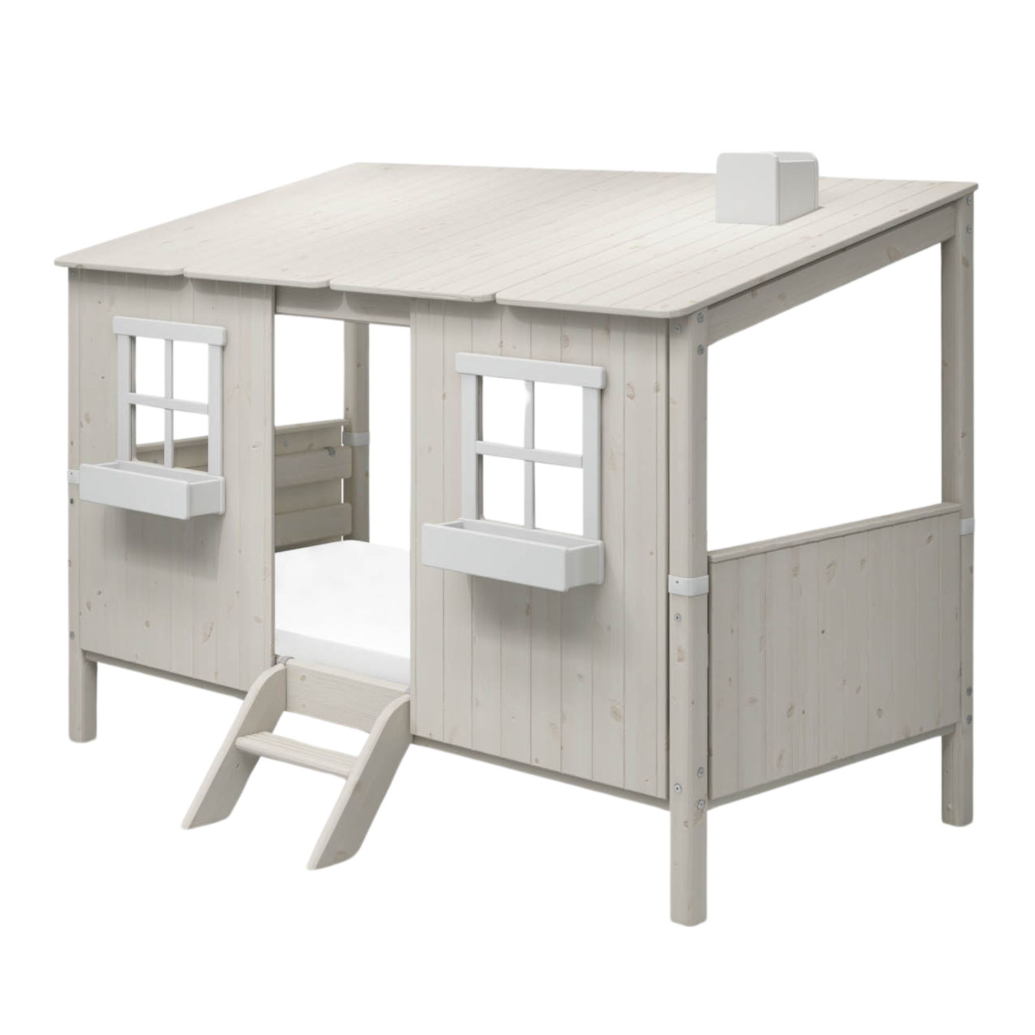 Estructura de casa FLEXA WHITE para camas individuales y camas altas con dos ventanas, escalera y techo inclinado, tal y como se muestra en una habitación infantil.