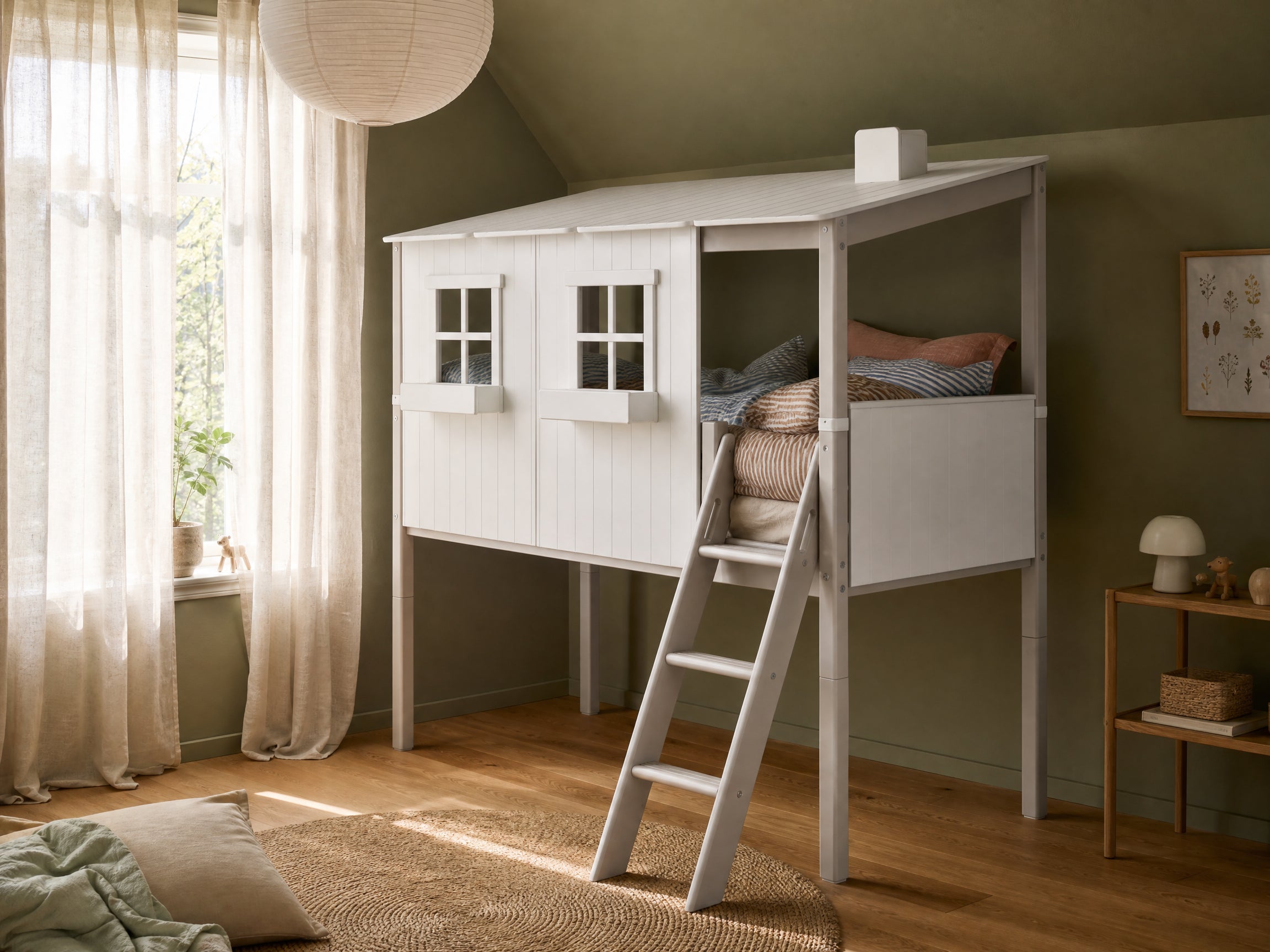 Cama FLEXA MID-HIGH con estructura y escalera en blanco y gris, diseño seguro para niños, en una habitación verde con suelo de madera.