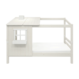 Cama individual blanca FLEXA de la colección HOUSE, con escalera, techo y ventana, mostrada en una habitación infantil; diseño seguro para los niños.