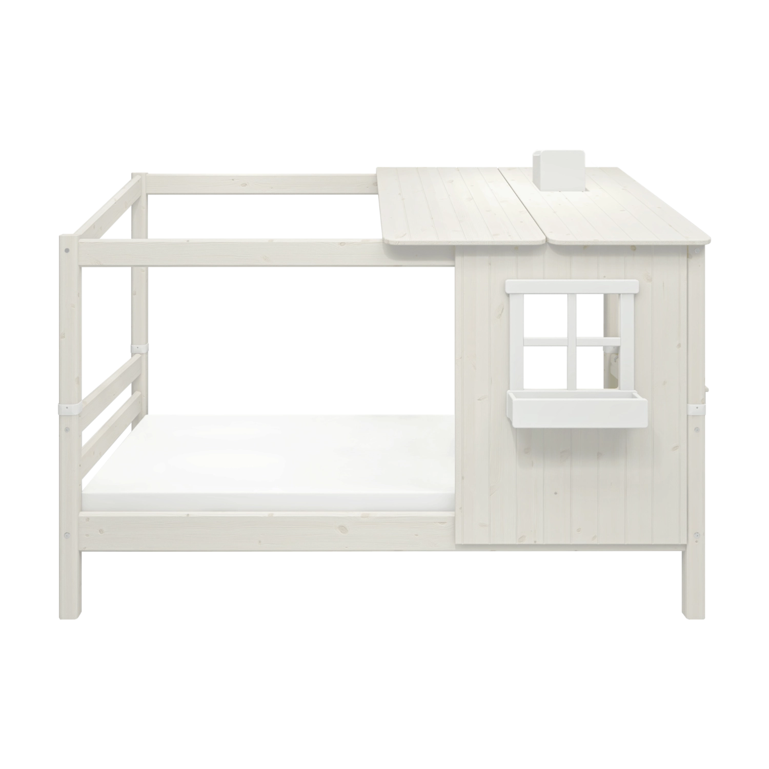 Cama individual tipo casita FLEXA de la colección WHITE, de madera blanca con escalera, apta para niños, tal y como se muestra en una habitación infantil.
