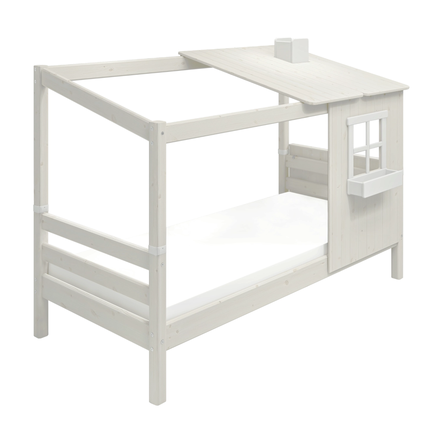 Cama individual FLEXA Classic blanca con escalera, estructura en forma de media casita y ventana, apta para niños; se muestra en un dormitorio infantil.
