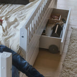 Cama individual con Crossbars, almacenamiento y barrera de seguridad, 90x200 cm, blanco