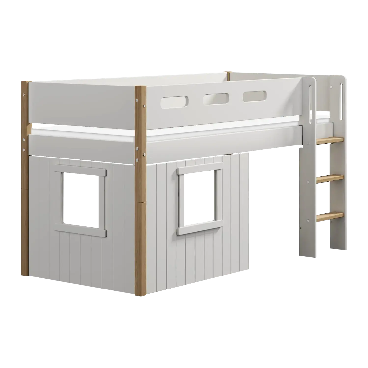 High Bed 120 cm with Treehouse, Ladder and Safety Rail, 90x200 cm, White/Oak MID_HIGH-BED mid-high-bed-str-ladder-treehouse-bed-fronts-white-frame-white-oak  flexa-com.myshopify.com