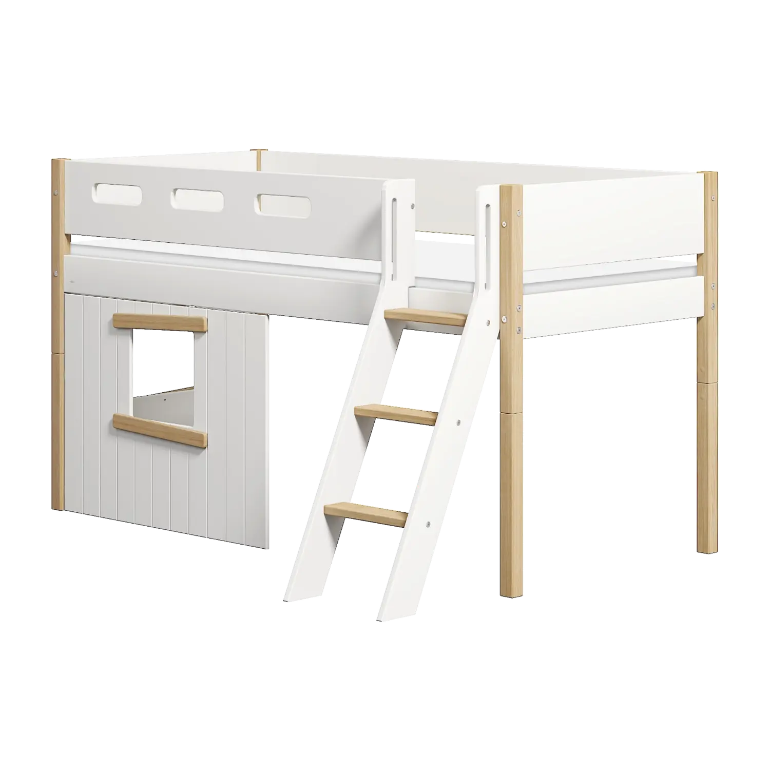 High Bed 120 cm with Treehouse, Ladder and Safety Rail, 90x200 cm, White/Oak MID_HIGH-BED mid-high-bed-sl-ladder-treehouse-bed-fronts-oak-frame-white-oak  flexa-com.myshopify.com