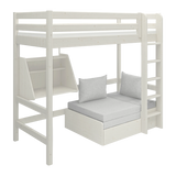 High Bed 184 cm with Sofa, Desk, Ladder and Safety Rail, 90x200 cm, White