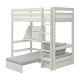 FLEXA WHITE collection high sleeper bed with ladder, desk, sofa bed, and safety rail; child’s room setting.