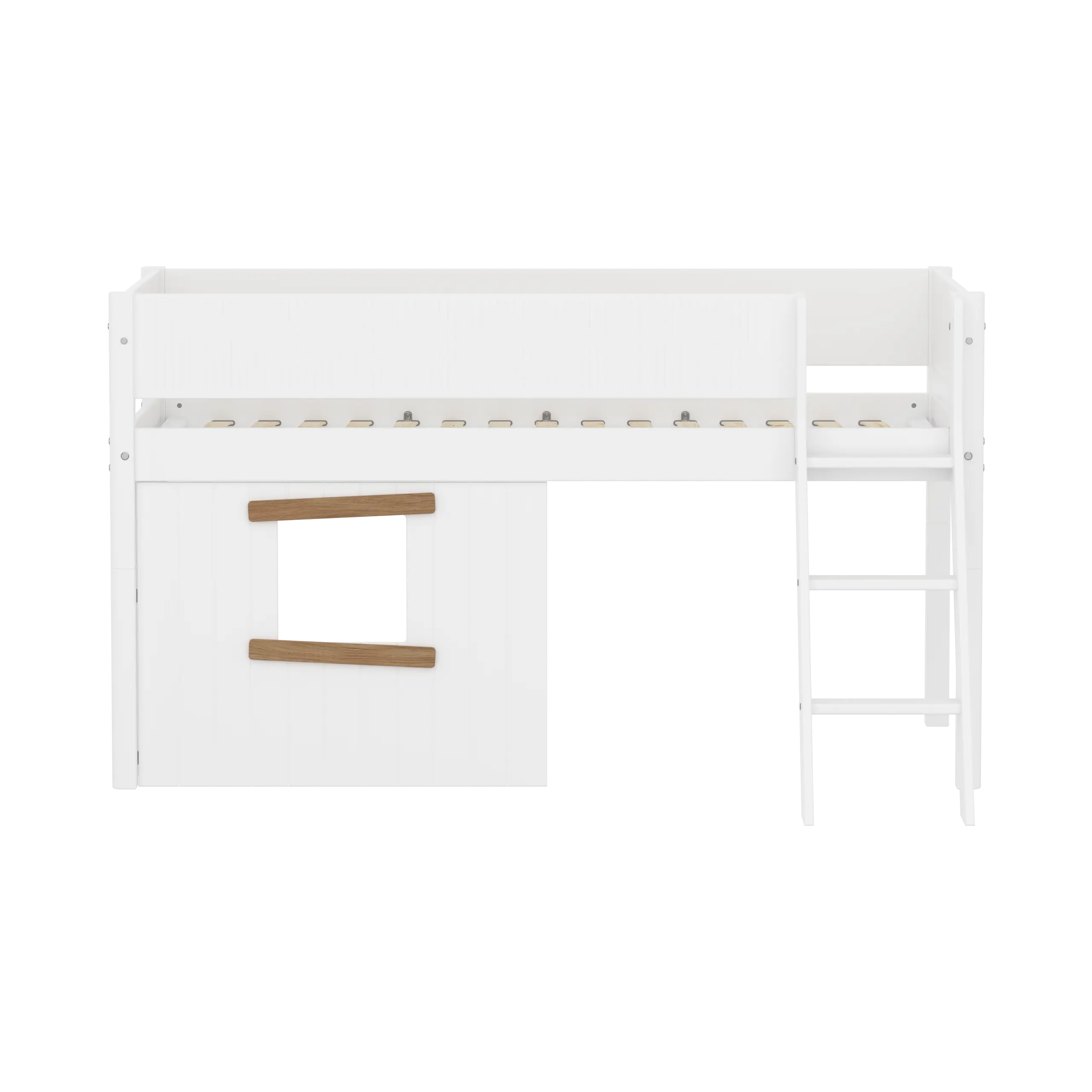 High Bed 120 cm with Treehouse, Ladder and Safety Rail, 90x200, White/Oak MID_HIGH-BED mid-sleeper-white-grooves-sl-ladder-tree-hut-oak-window  flexa-com.myshopify.com