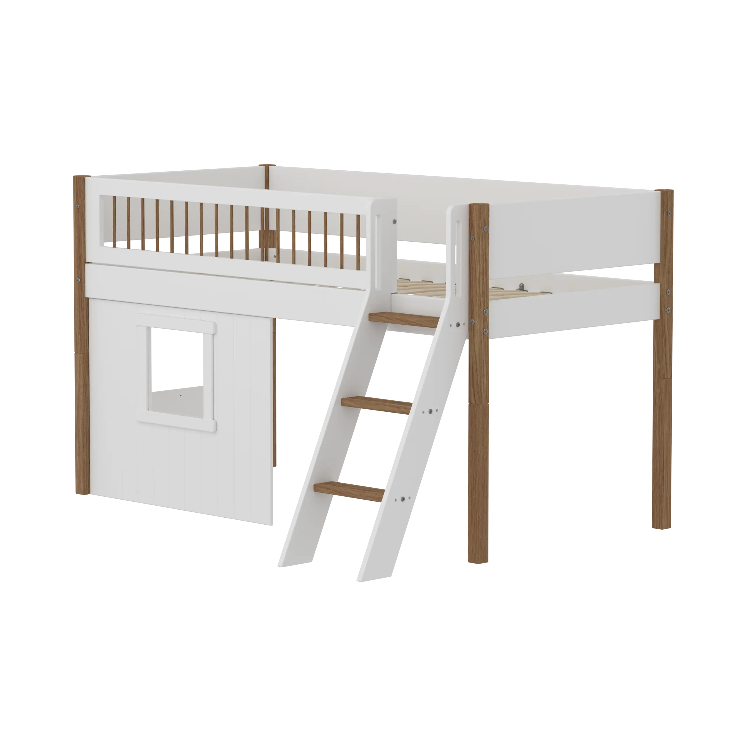 High Bed 120 cm with Treehouse, Ladder and Safety Rail, 90x200 cm, White/Oak MID_HIGH-BED mid-sleeper-nor-crossbars-sl-ladder-tree-hut-wht-window  flexa-com.myshopify.com
