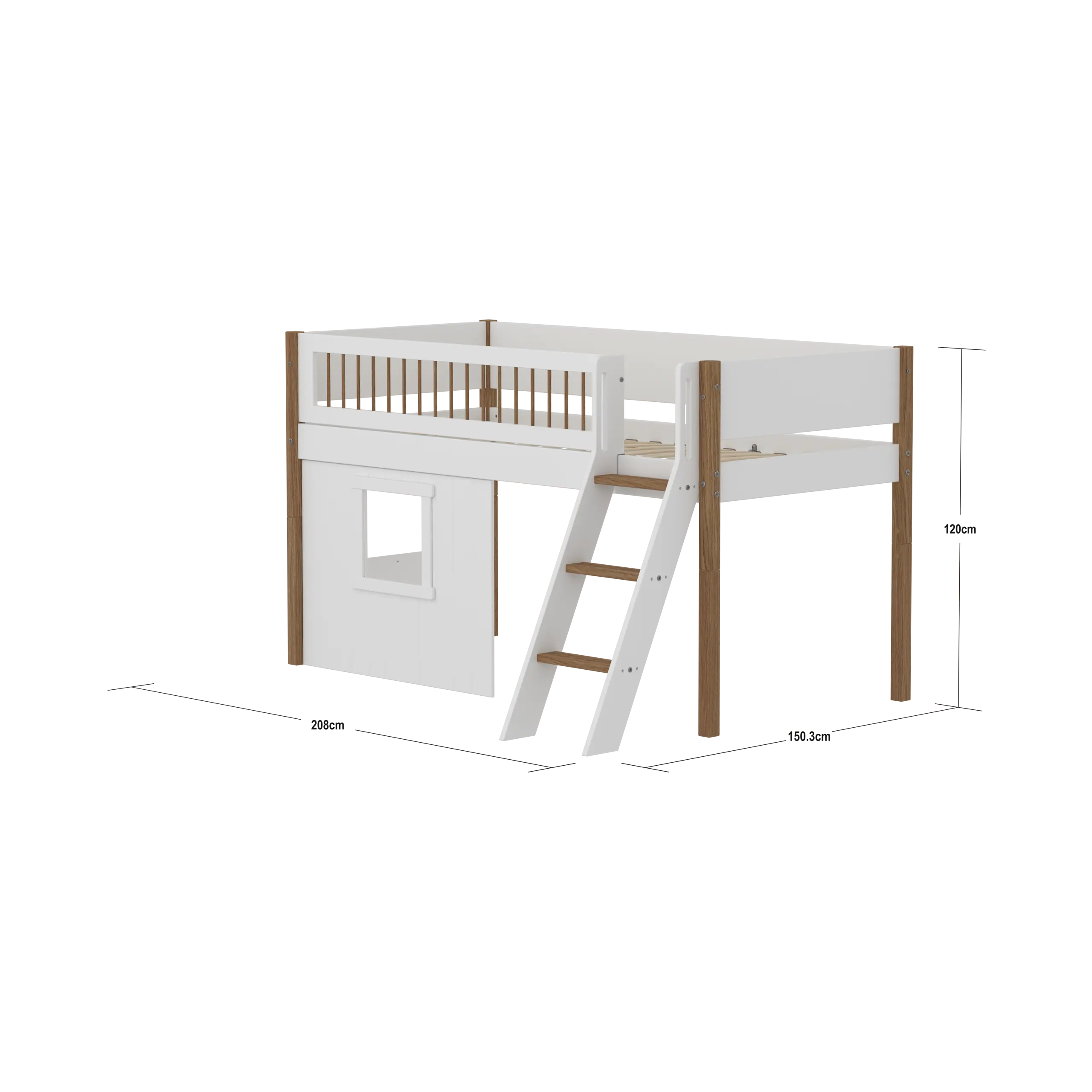 High Bed 120 cm with Treehouse, Ladder and Safety Rail, 90x200 cm, White/Oak MID_HIGH-BED mid-sleeper-nor-crossbars-sl-ladder-tree-hut-wht-window  flexa-com.myshopify.com
