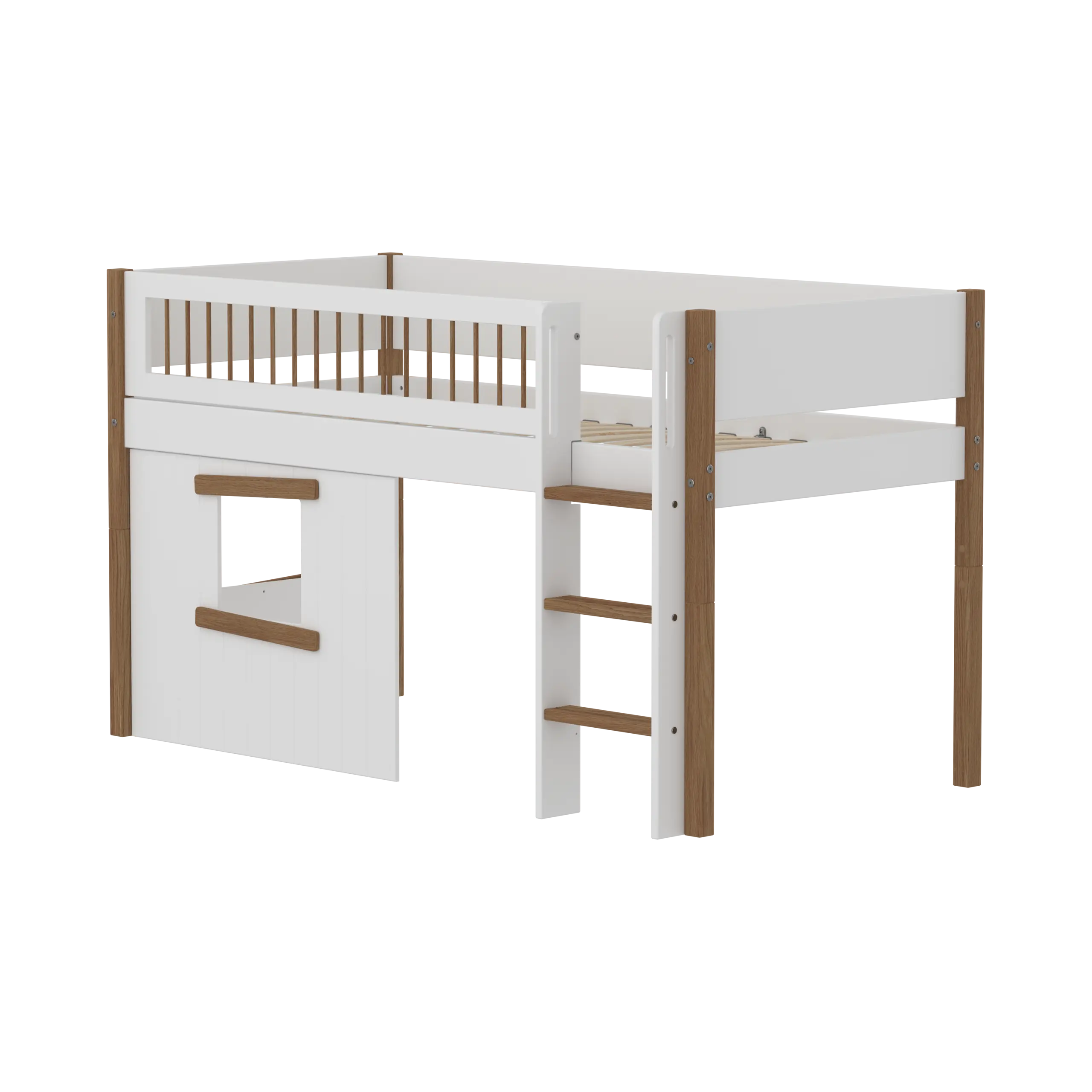 High Bed 120 cm with Treehouse, Ladder and Safety Rail, 90x200 cm, White/Oak MID_HIGH-BED mid-sleeper-nor-crossbars-str-ladder-tree-hut-oak-window  flexa-com.myshopify.com