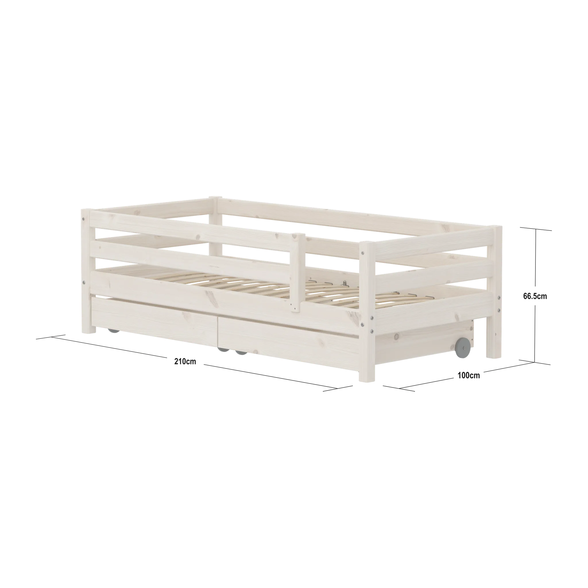 FLEXA Single Bed with Safety Rail and Storage, 90x200 cm, White, measurements