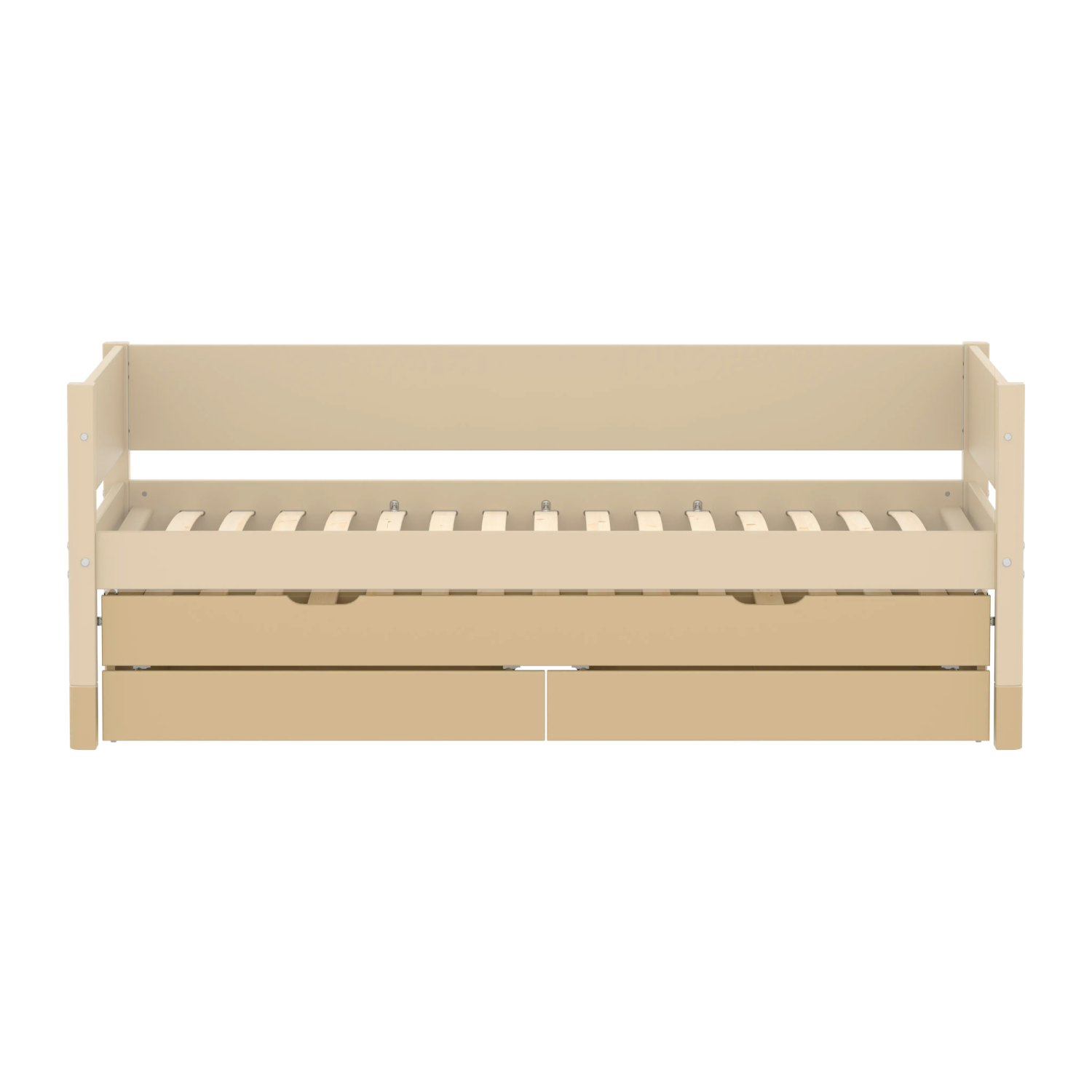 Cama nido extraíble FLEXA de la colección CLASSIC, en madera color arena con 2 cajones, tal y como se muestra en una habitación infantil; bordes redondeados y seguros para los niños.