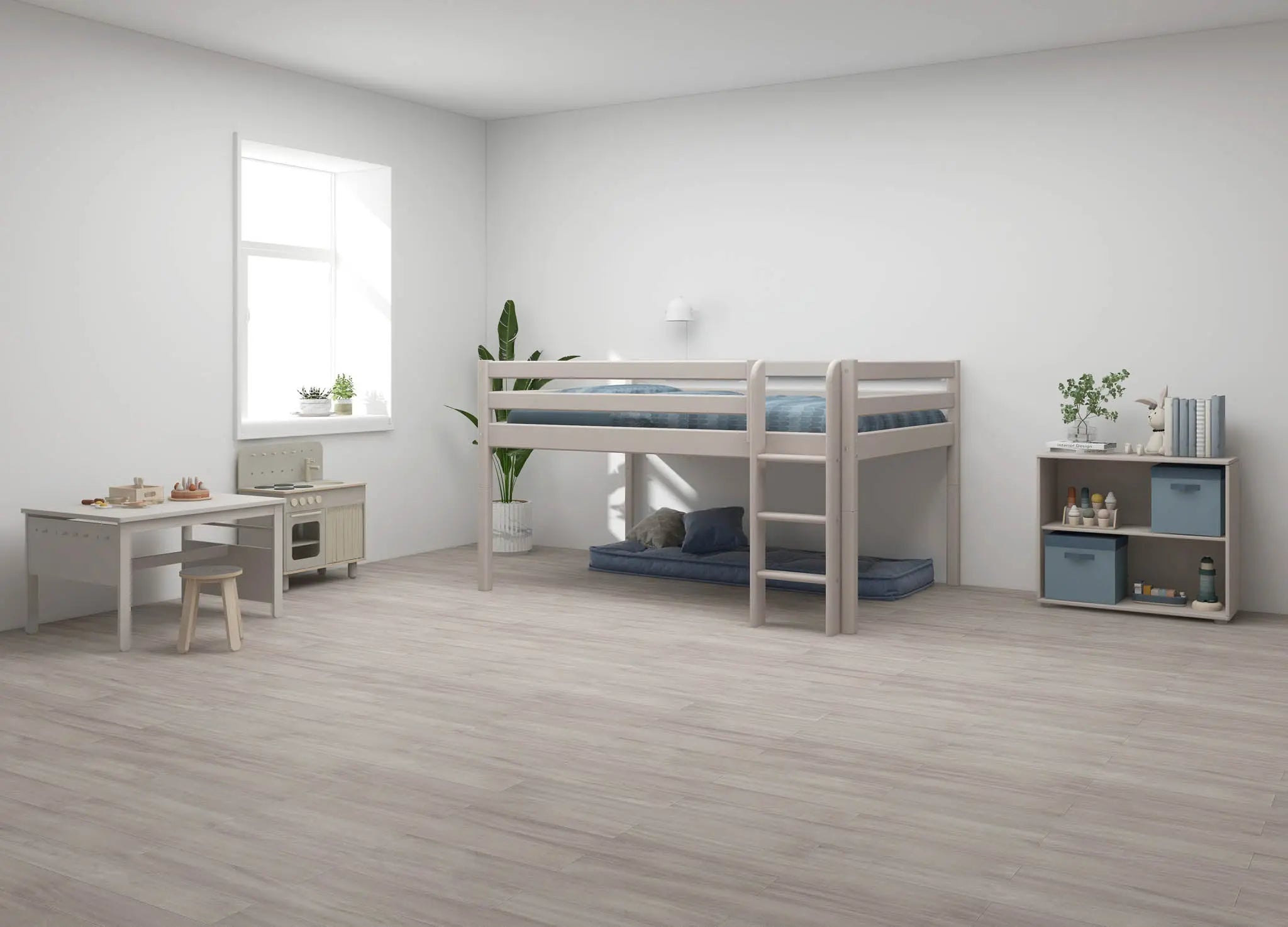 High Bed 120 cm with Ladder and Safety Rail, 140x200 cm, Grey MID_HIGH-BED 200 flexa-com.myshopify.com