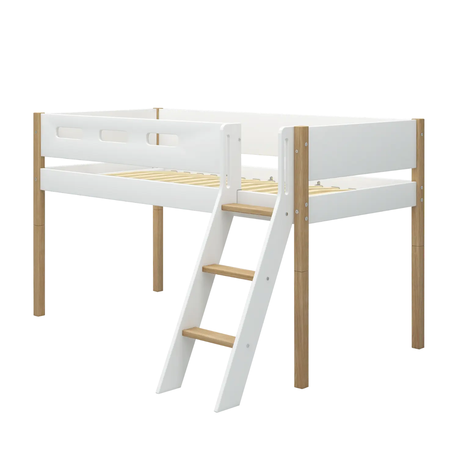 High Bed 120 cm with Ladder and Safety Rail, 90x200 cm, White/Oak MID_HIGH-BED 200 flexa-com.myshopify.com
