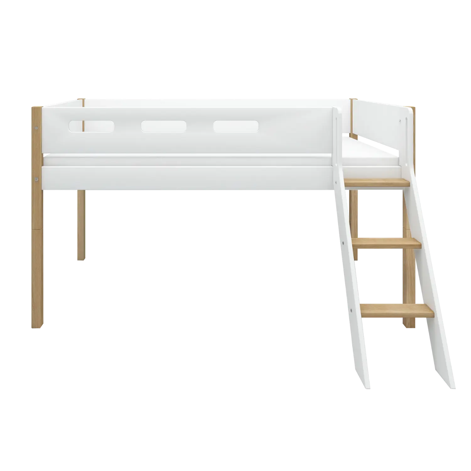 High Bed 120 cm with Ladder and Safety Rail, 90x200 cm, White/Oak MID_HIGH-BED 200 flexa-com.myshopify.com