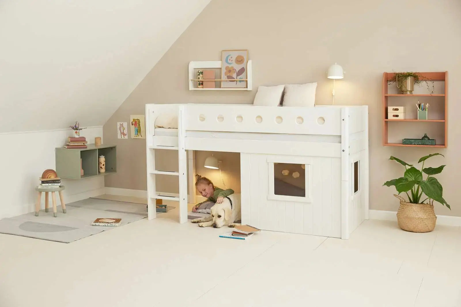 High Bed 120 cm with Treehouse, Ladder and Safety Rail, 90x200 cm, White MID_HIGH-BED 200 flexa-com.myshopify.com