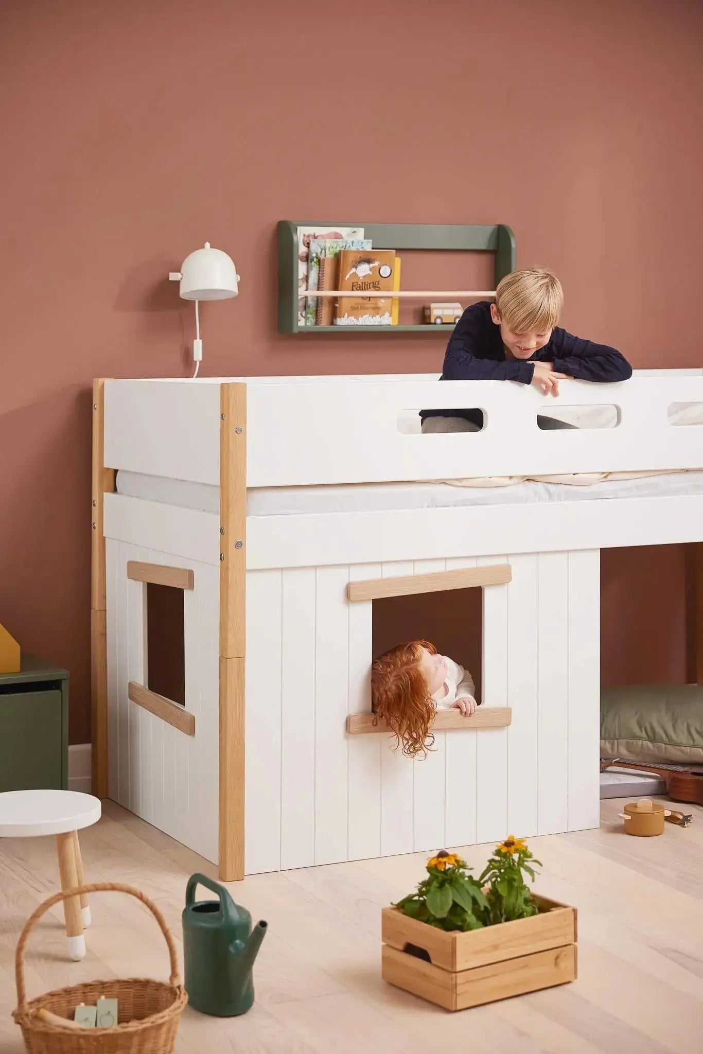 High Bed 120 cm with Treehouse, Ladder and Safety Rail, 90x200 cm, White/Oak MID_HIGH-BED 200 flexa-com.myshopify.com