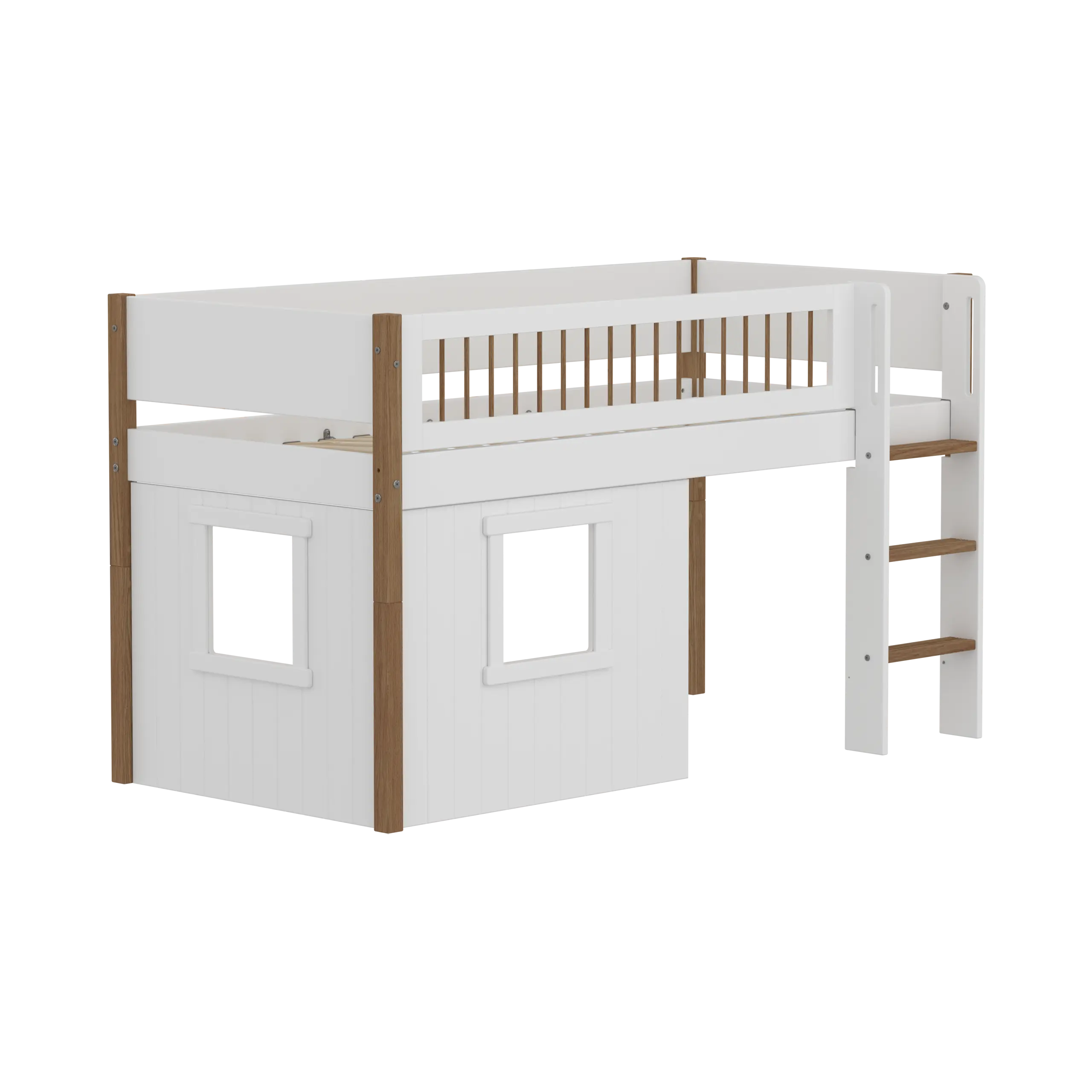 High Bed 120 cm with Treehouse, Ladder and Safety Rail, 90x200 cm, White/Oak MID_HIGH-BED 90X200 flexa-com.myshopify.com