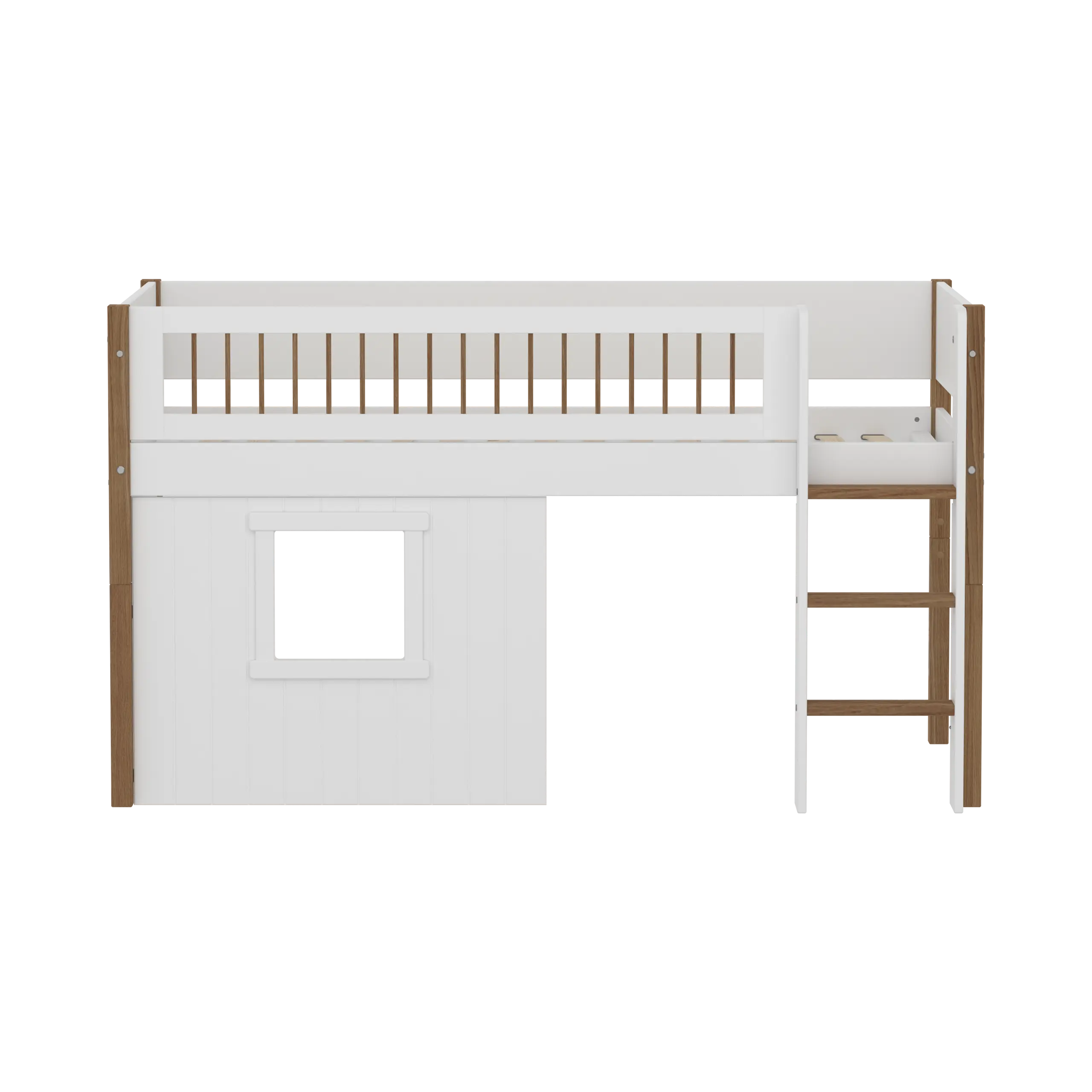 High Bed 120 cm with Treehouse, Ladder and Safety Rail, 90x200 cm, White/Oak MID_HIGH-BED 90X200 flexa-com.myshopify.com