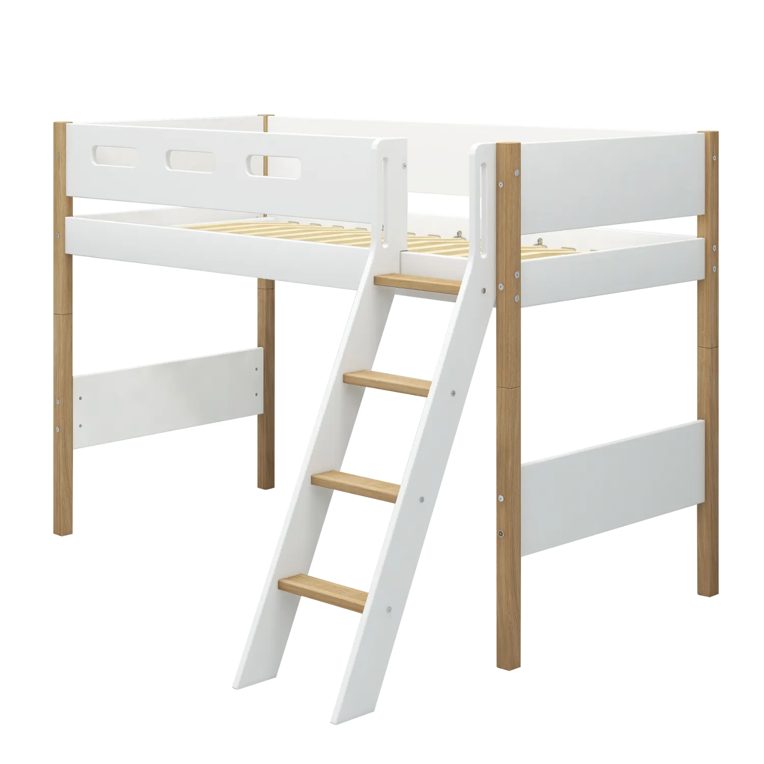 High Bed 143 cm with Ladder and Safety Rail, 90x200 cm, White/Oak SEMI_HIGH-BED 200 flexa-com.myshopify.com