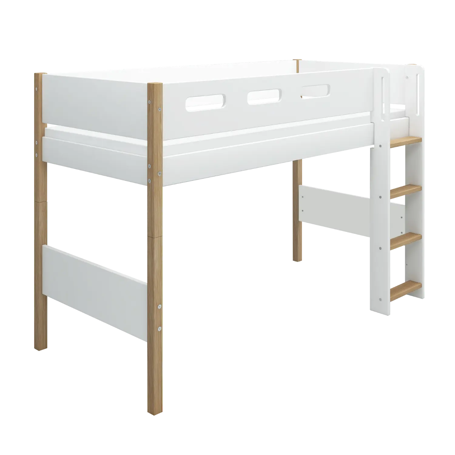 High Bed 143 cm with Ladder and Safety Rail, 90x200 cm, White/Oak SEMI_HIGH-BED 200 flexa-com.myshopify.com