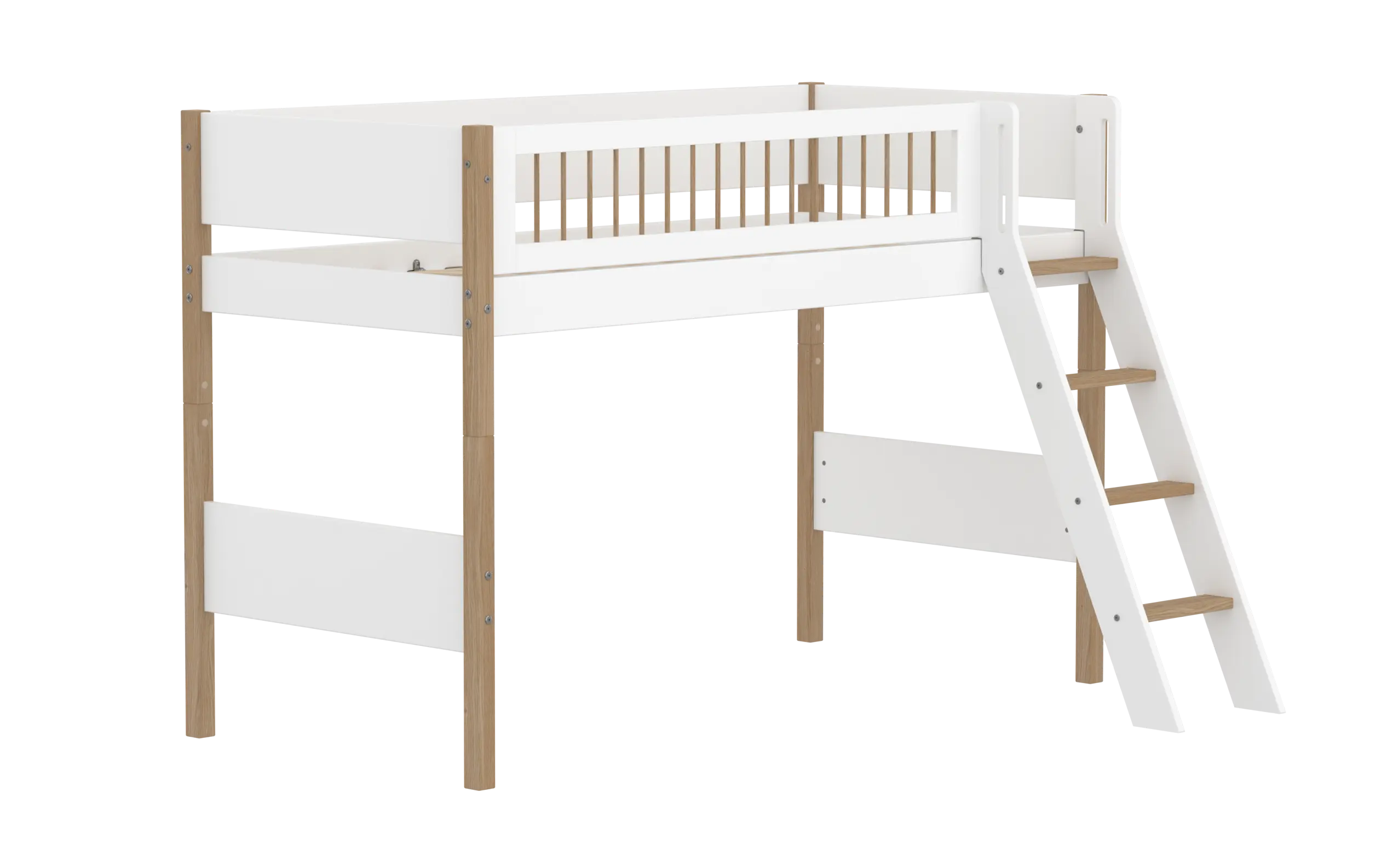 High Bed 143 cm with Ladder and Safety Rail, 90x200 cm, White/Oak SEMI_HIGH-BED 90X200 flexa-com.myshopify.com
