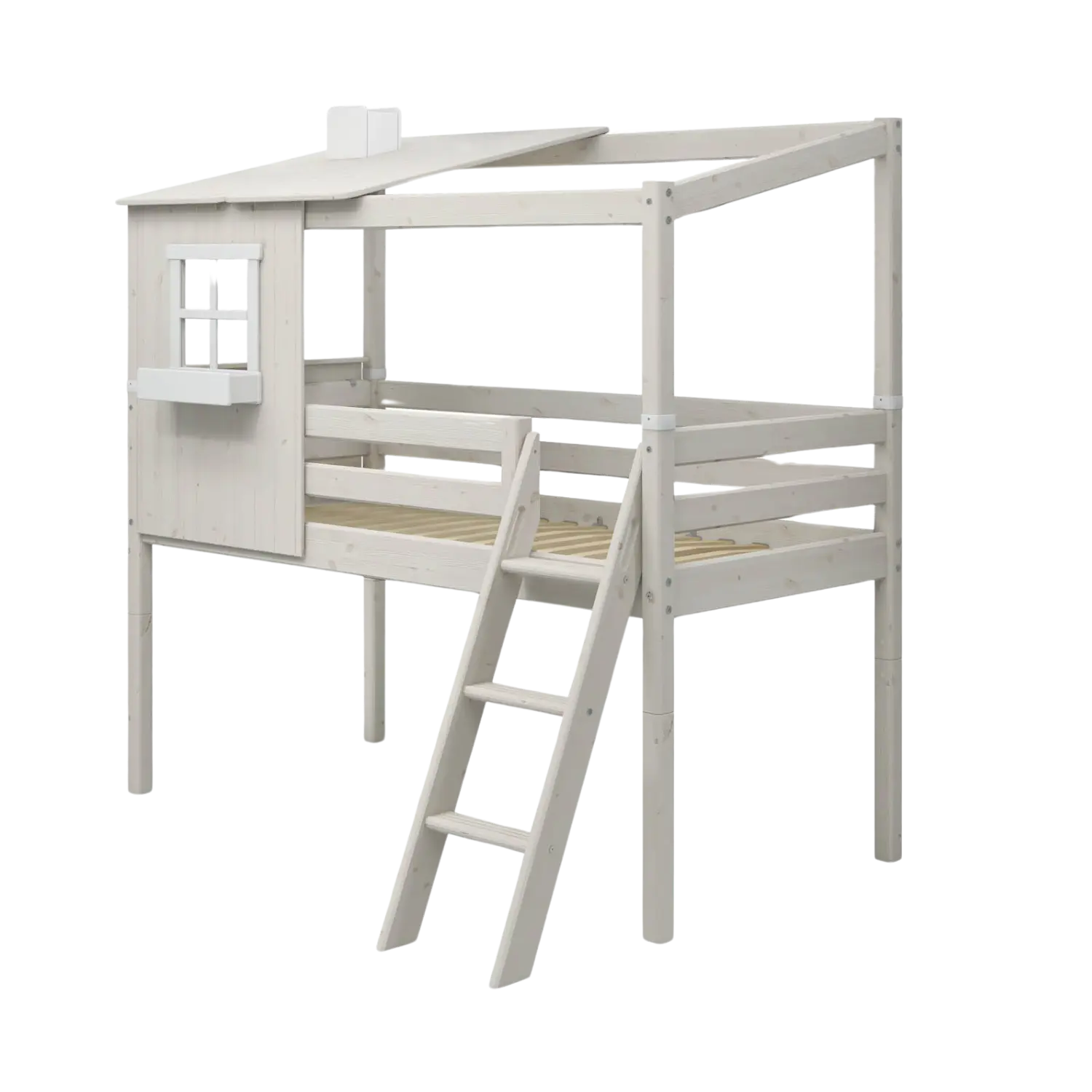 Mid-High Bed with 1/2 House, Ladder and Safety Rail, 90x200 cm, White MID_HIGH-BED 200 flexa-com.myshopify.com